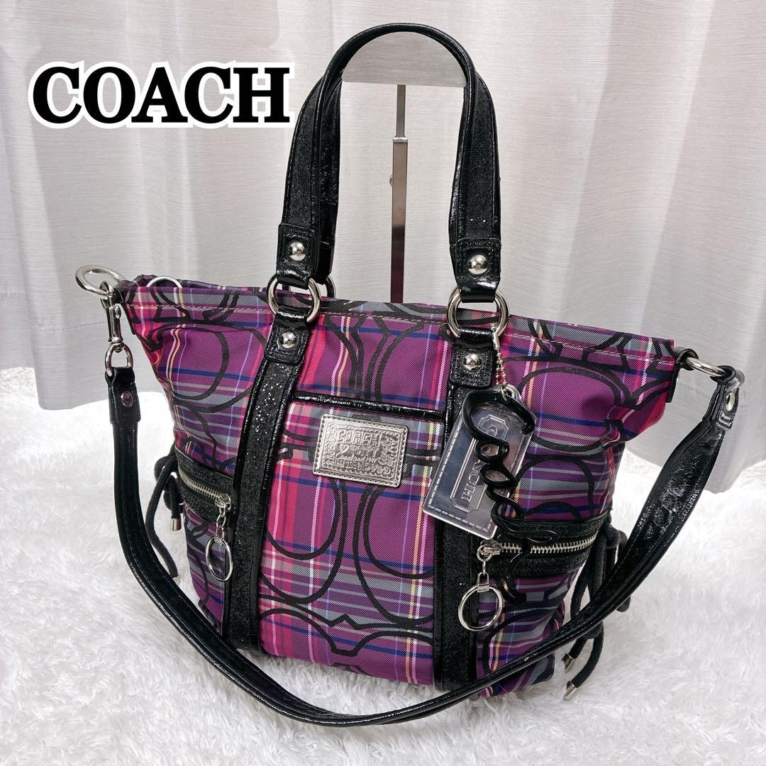 Coach Poppy Signature 2-Way Shoulder Bag Lame Check 10.2″x14.2″x5.5″cm Used