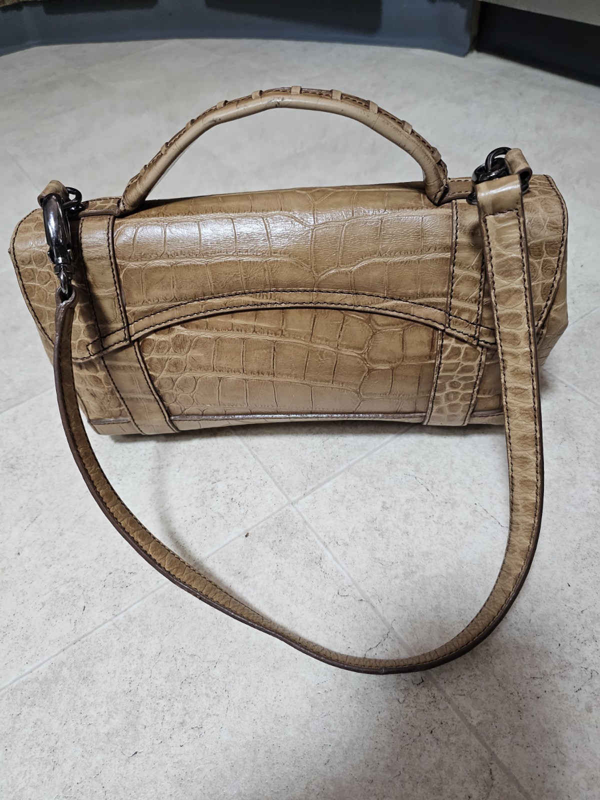 VIA SPIGA Brown Ostrich Print Leather Convertible Handbag Rare Italian Vtg Clean