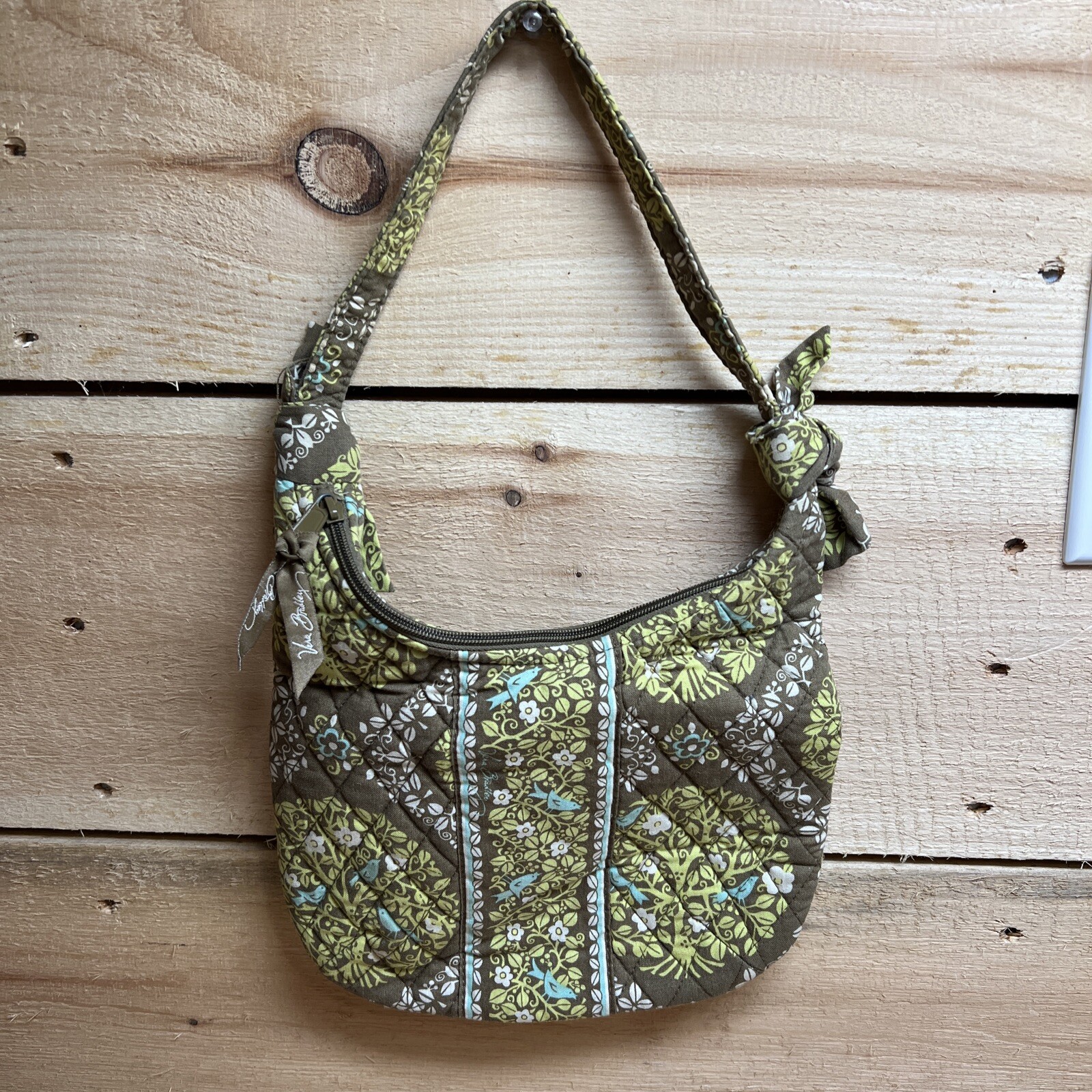 Vera Bradley Small Shoulder Bag: “Sitting In A Tree” Green With Light Blue Birds