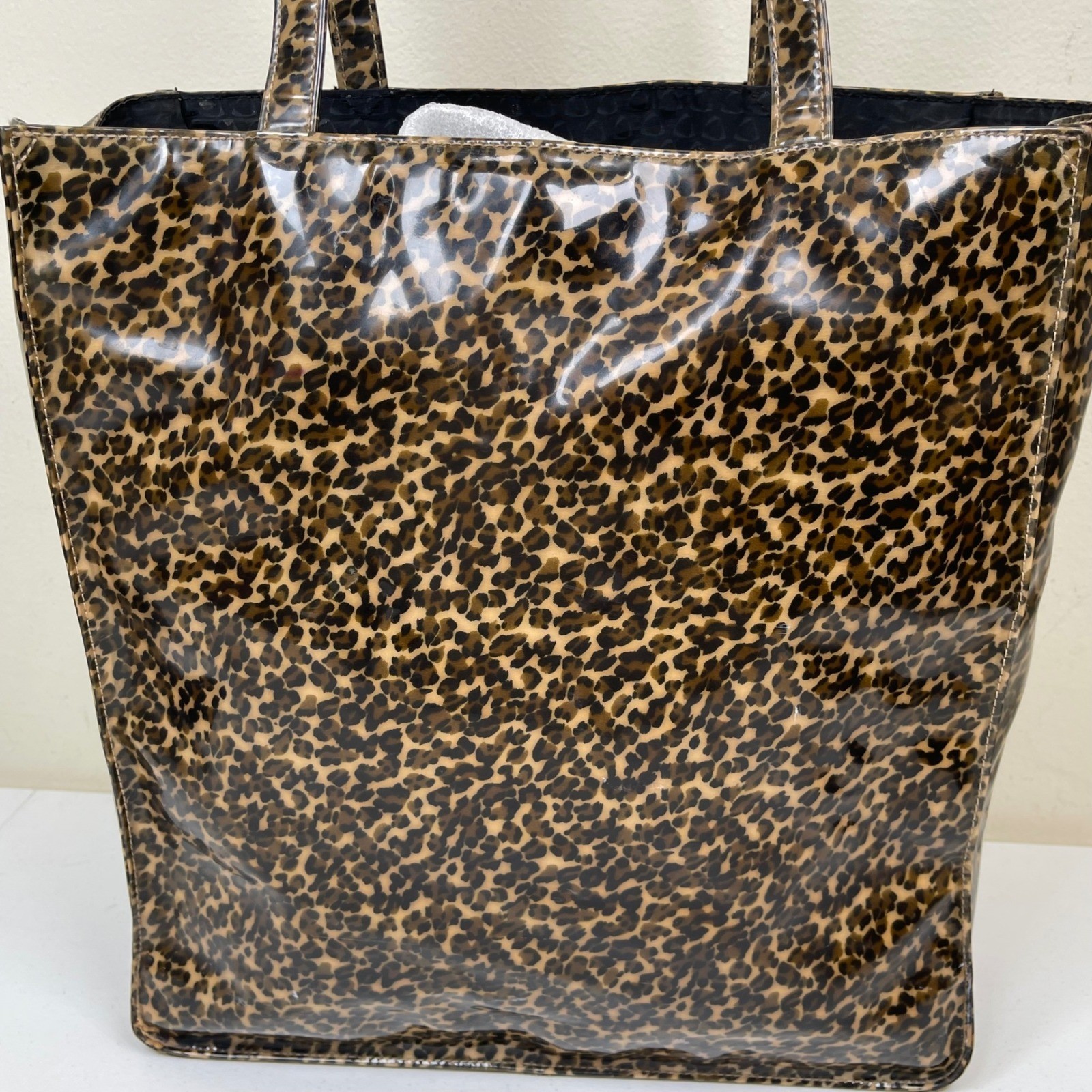Vintage Liz Claiborne Tote Bag Brown Leopard Animal Print Glossy Patent Y2K