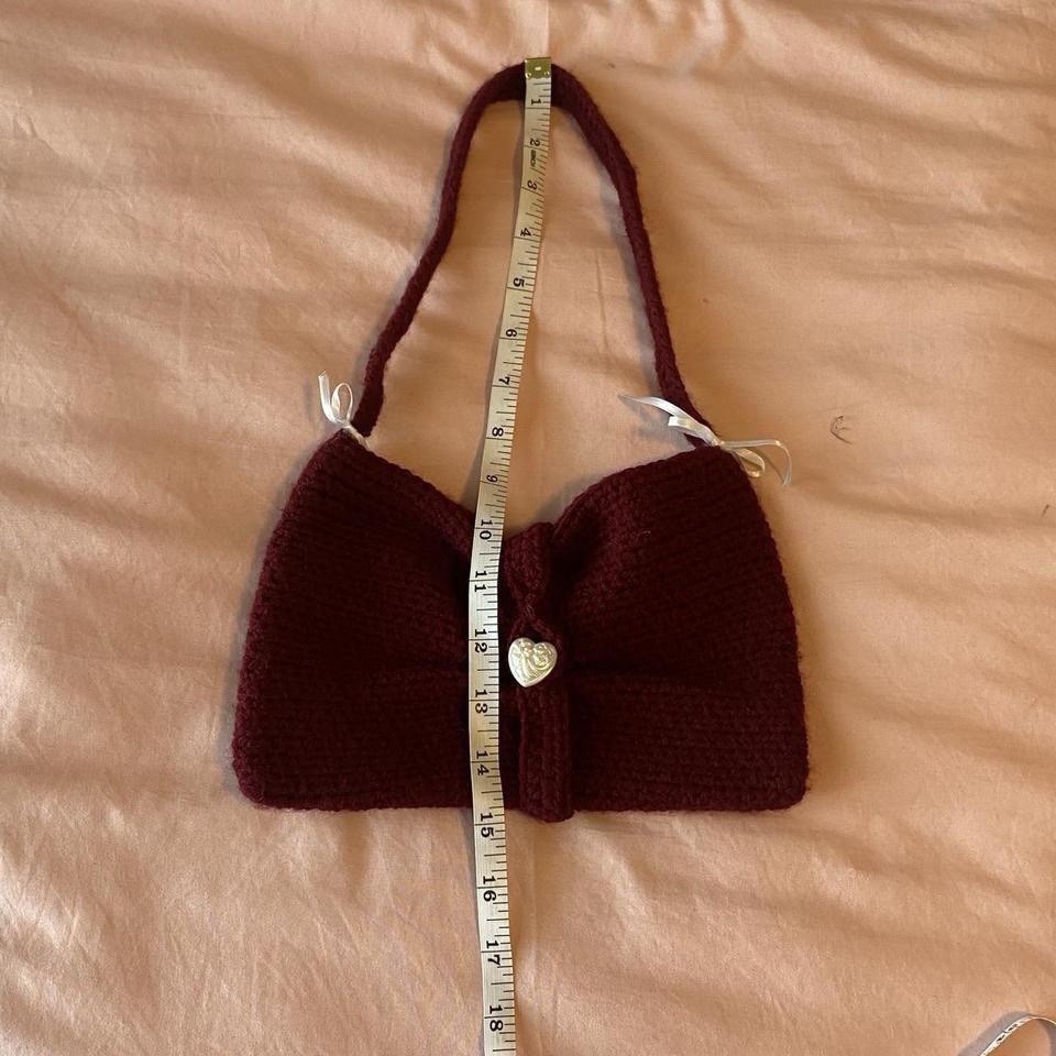 Handmade Burgundy Crochet Shoulder Bag, Bow Accents, Heart Button,