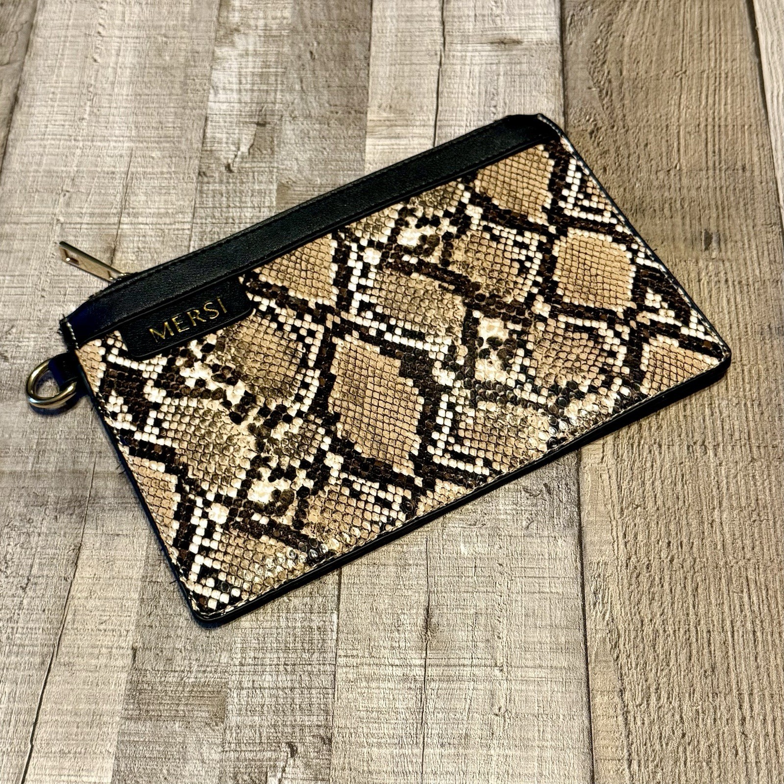 MERSI Snakeskin Clutch Gold Zipper Accent Small Rectangle Bag Excellent