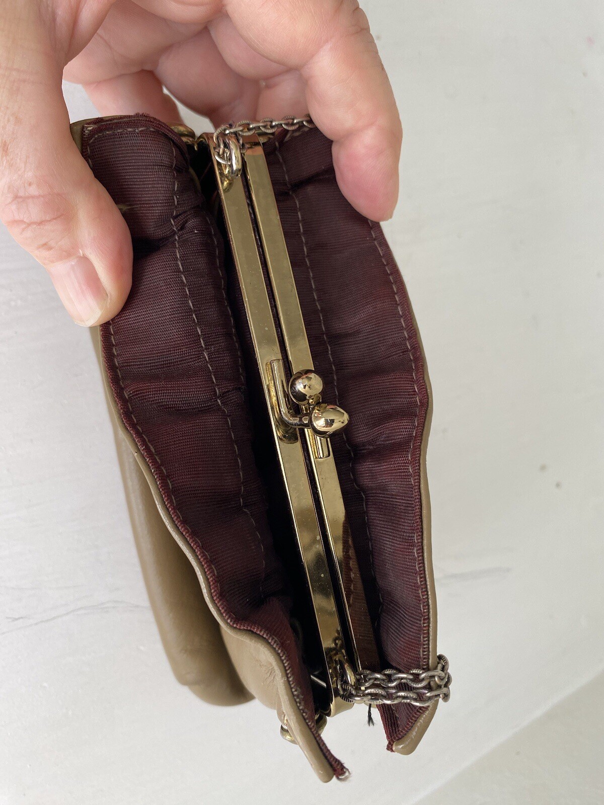 Vintage 60’s ETRA Brown Leather Envelope Clutch Bag Gold Trim Purse Swinging