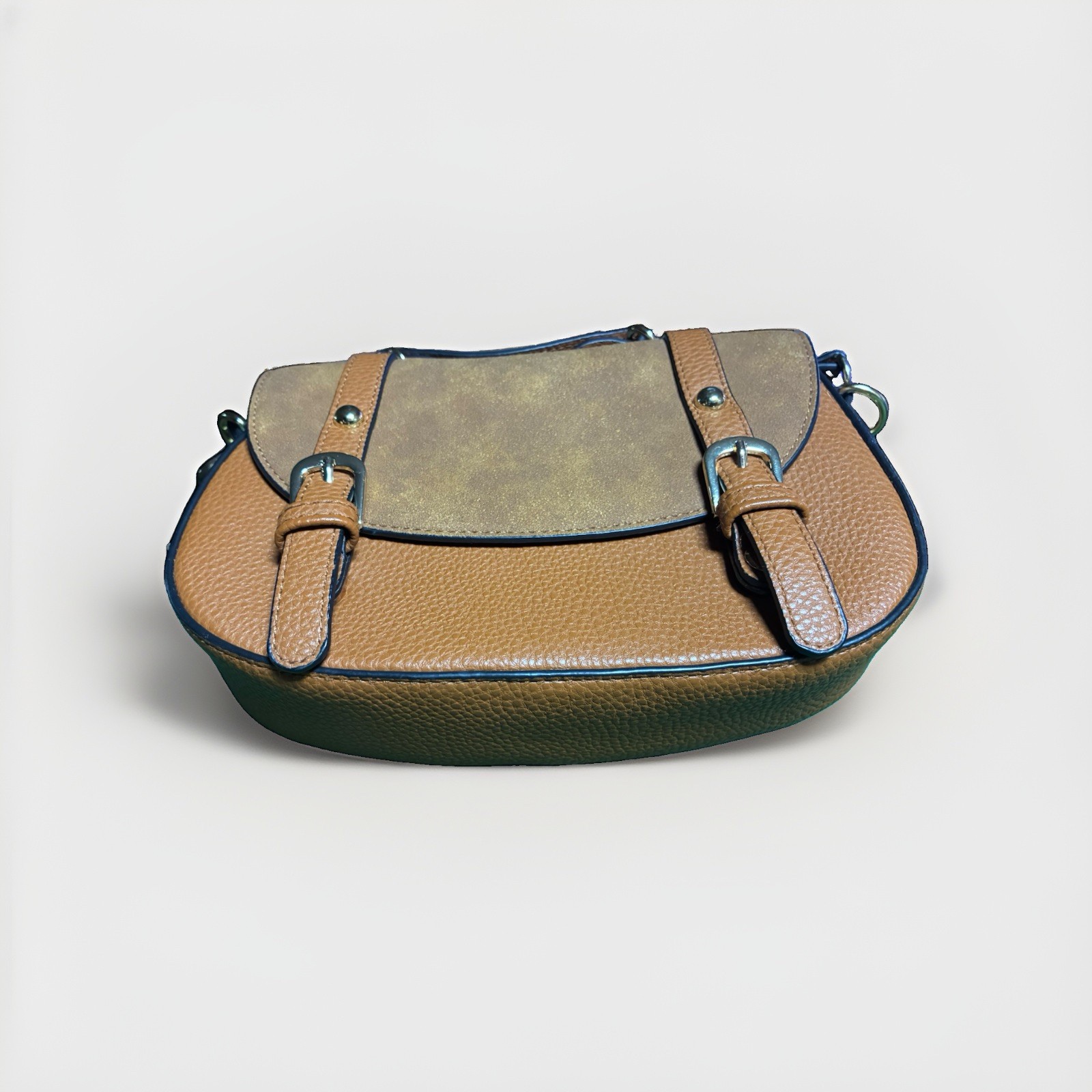 Brown/Tan Pebbled Flap Crossbody Bag w/ Buckle Closure & Detachable Strap
