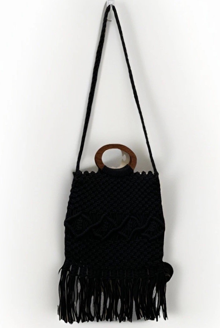 Danielle Nicole Black Macrame Woven Shoulder Bag Wood Handle Fringe Cottagecore