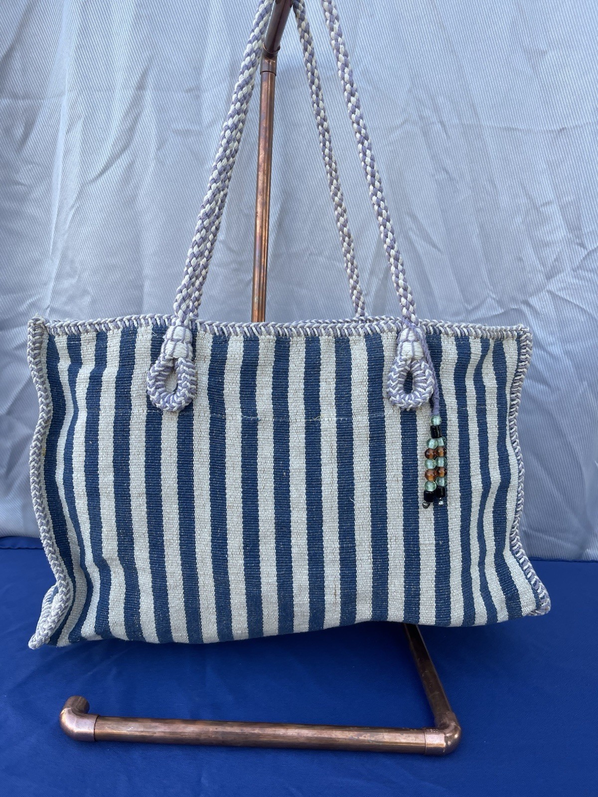 Catstudio Striped Canvas Tote Bag with Rope Handles and Bead Accent