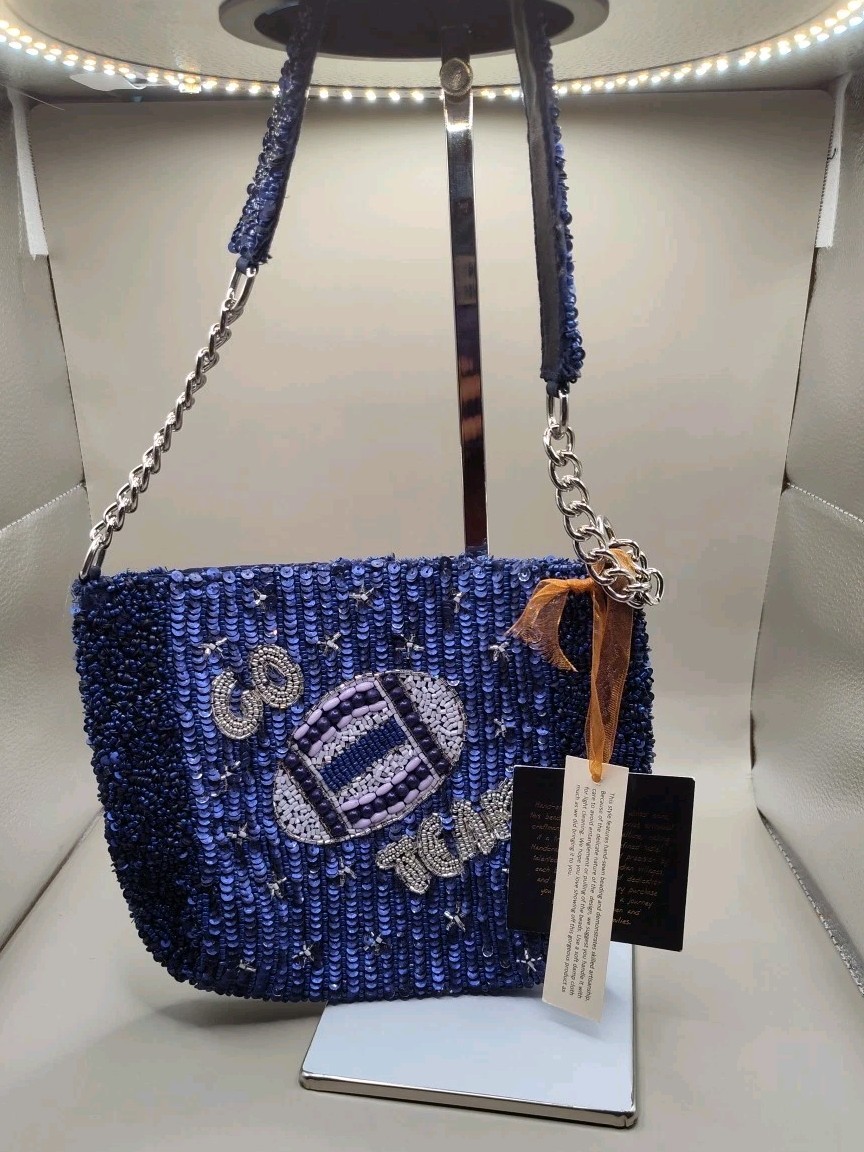 Football Blue Beaded Bag Go Team From India To You Shoulder Bag New With Tags