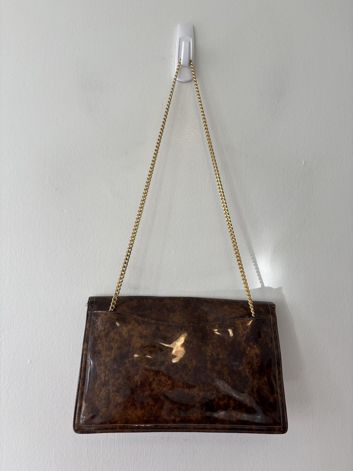 Morris Moskowitz Shoulder Bag Brown Patent Gold Chain Flip Close Latch