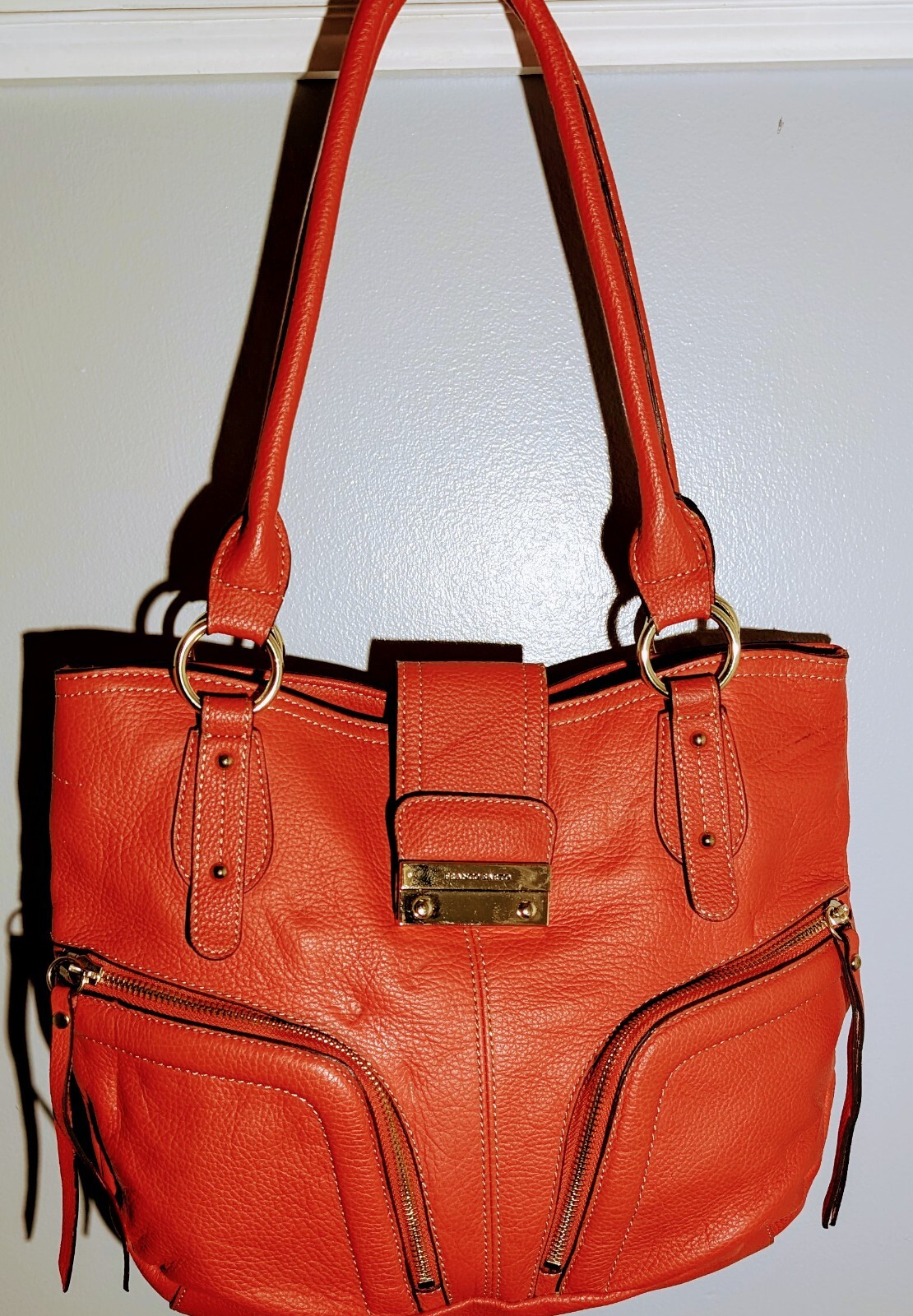 FRANCO SARTO SHOULDER BAG PURSE ORANGE LEATHER MEDIUM Zip Front Pockets