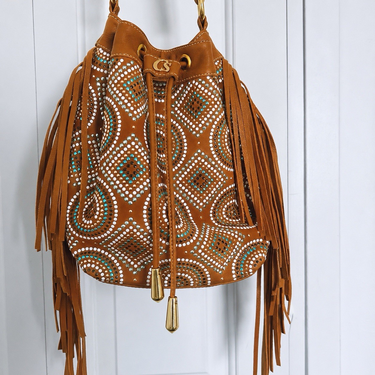 Carmen Steffens Brown Leather Studded Fringe Bucket Bag Boho Western Crossbody