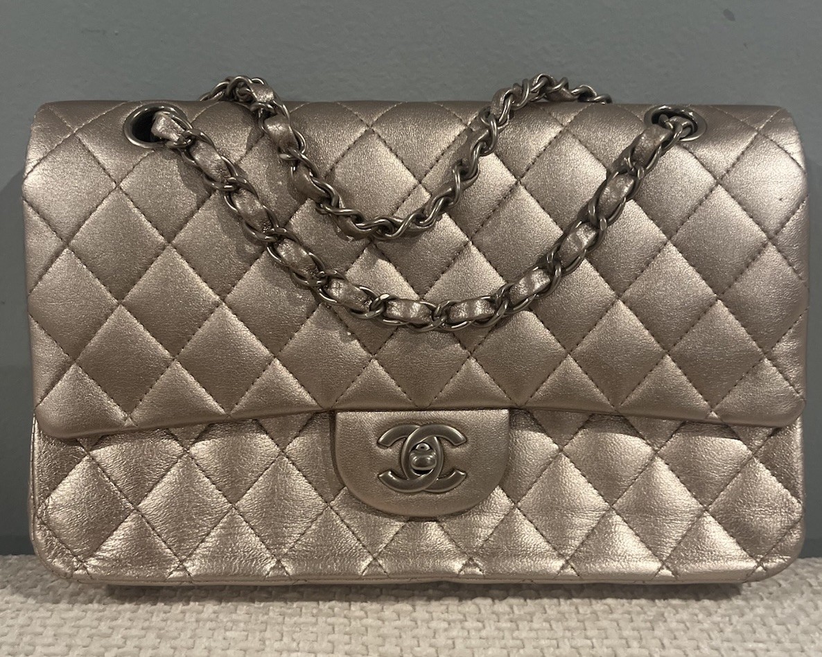 Authentic Chanel Classic Double Flap Simmering Medium Silver