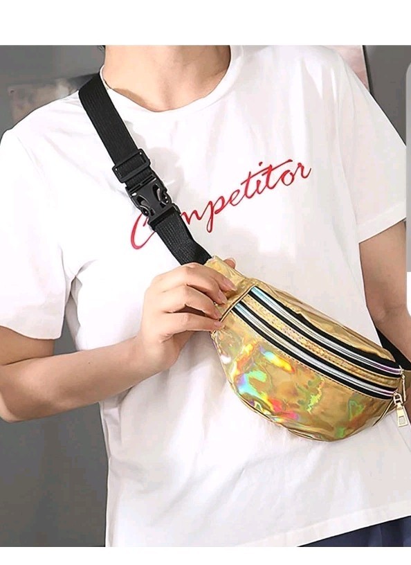 Holographic Metallic Fanny Packs Gold & Blue 12″X 5″X 4″ Adjustable Strap