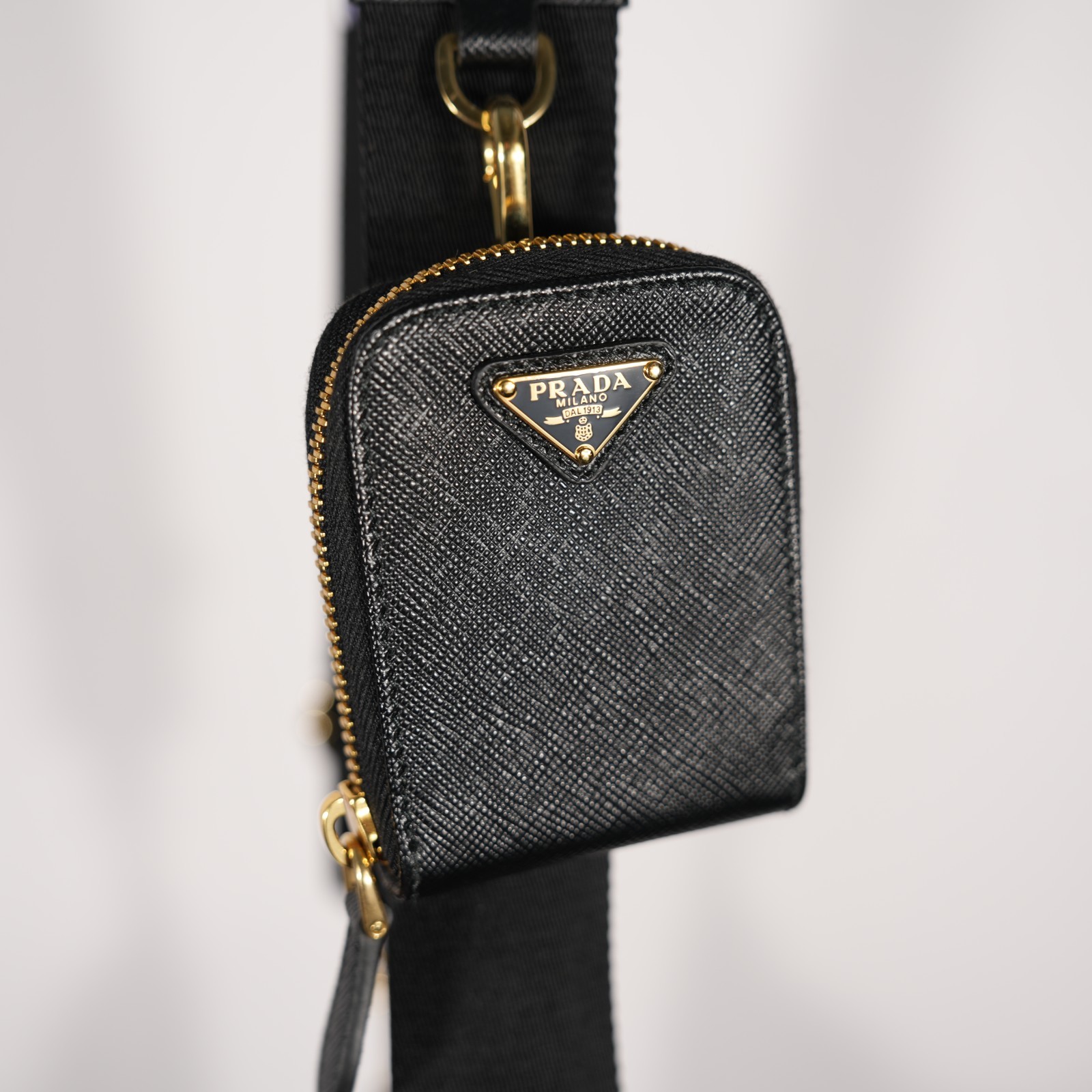 PRADA Re-Edition 2005 Black Gold Saffiano Leather Shoulder Bag with Pouch