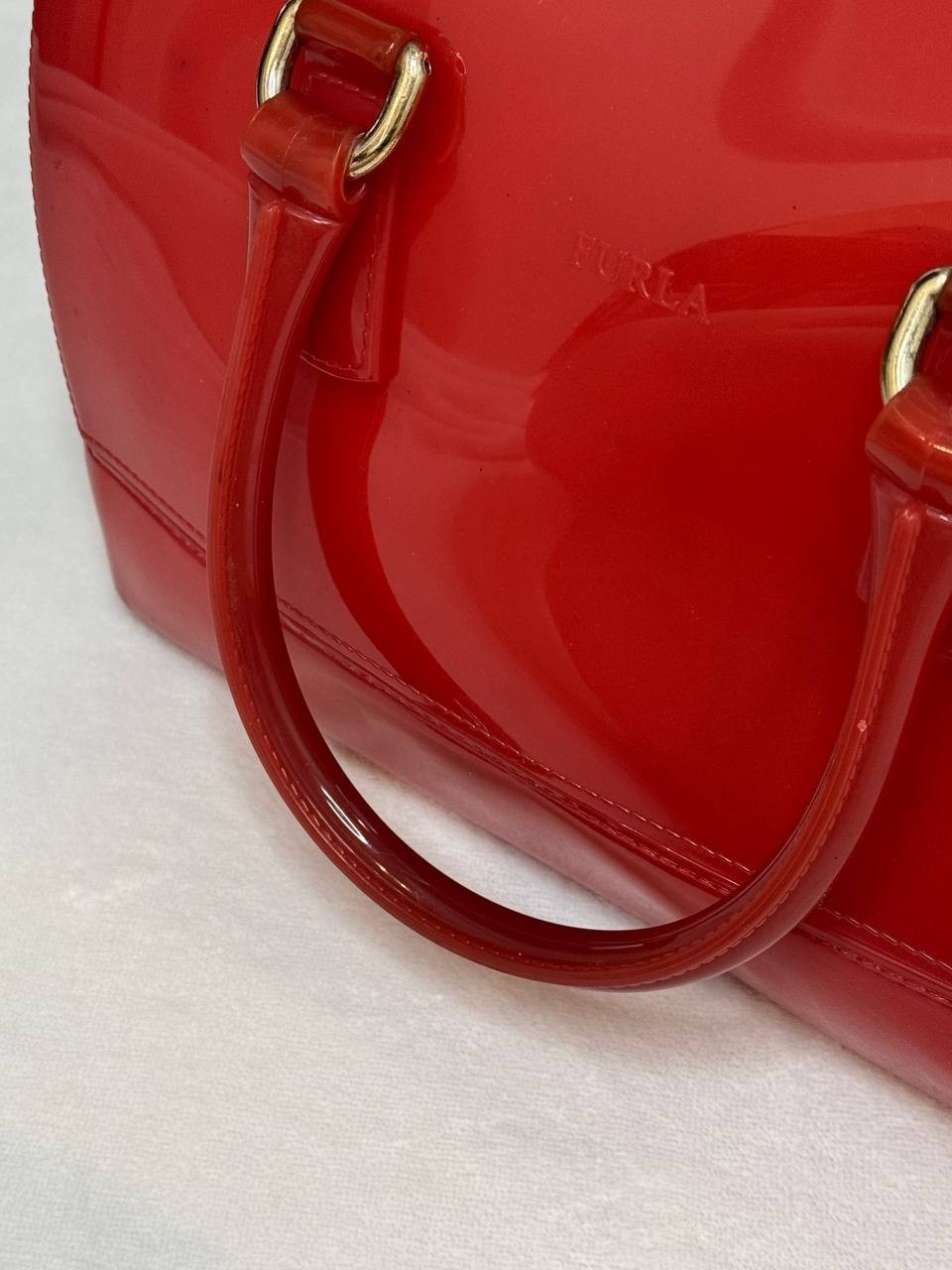 Furla Candy Bag Red Patent PVC Satchel Handbag Lock Zip Tote Purse