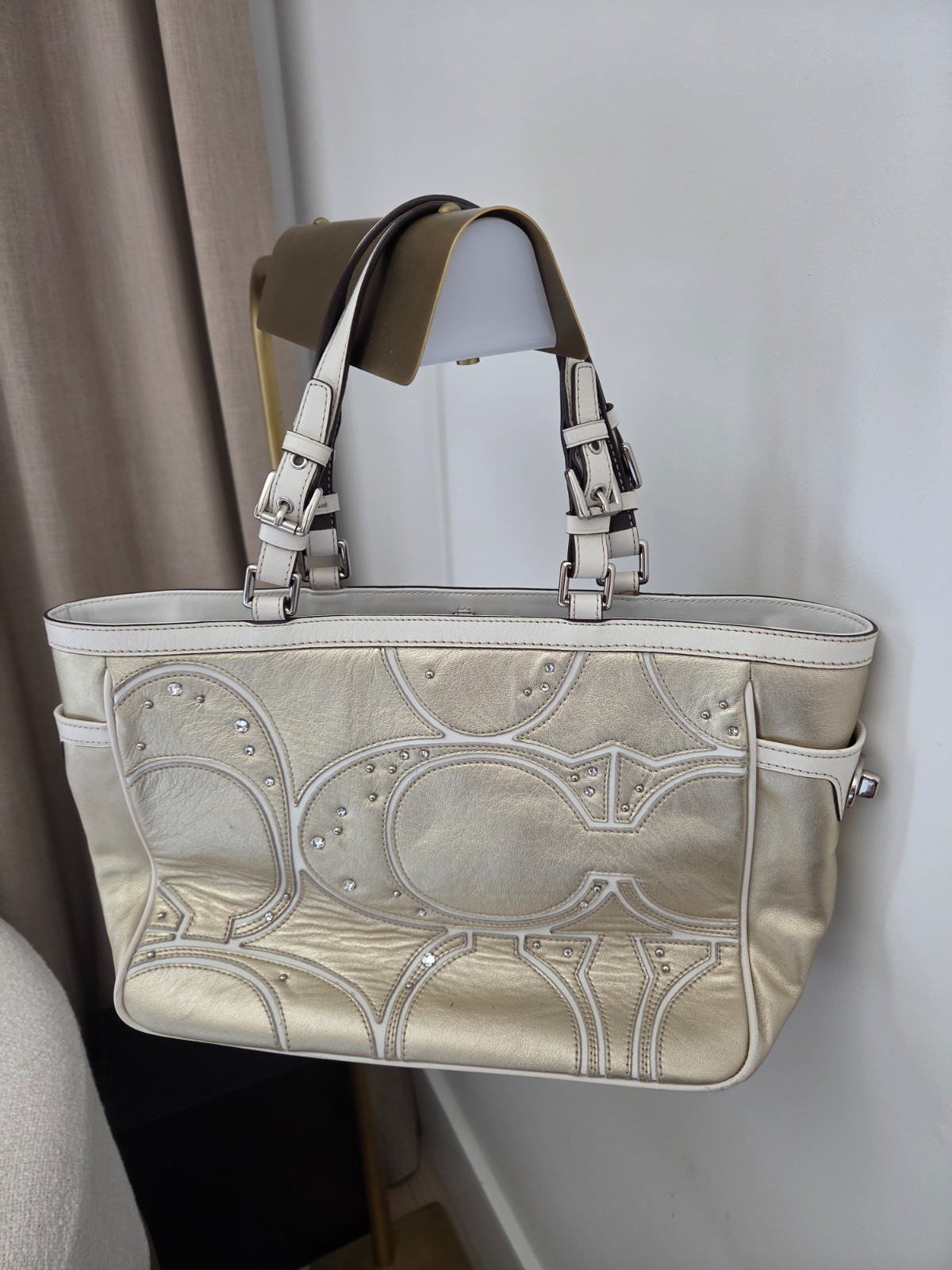 Vintage Coach Metallic Gold & White Goat Suede And Leather Tote Bag Purse