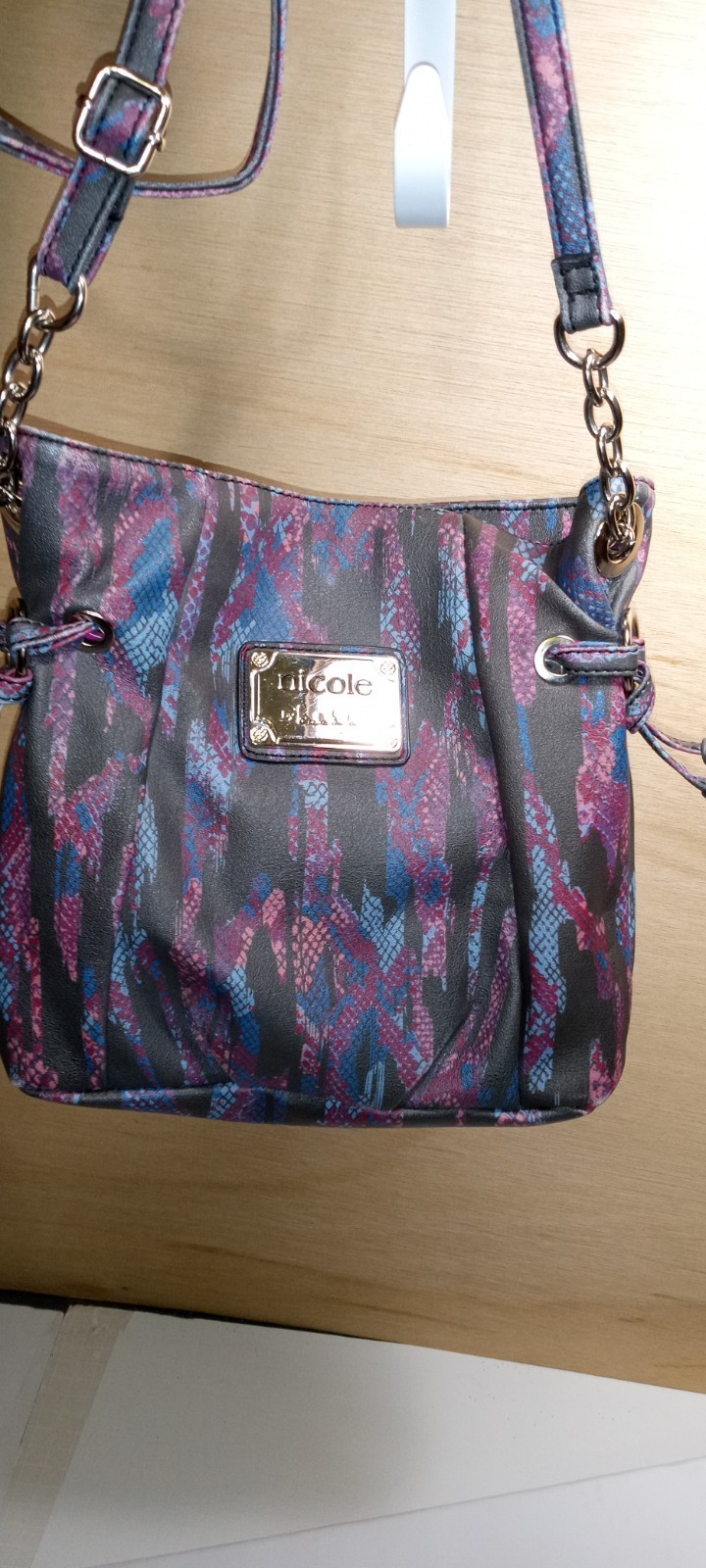 Nicole Miller Purple Snake Print Shoulder Bag with Zipper Accent for Women