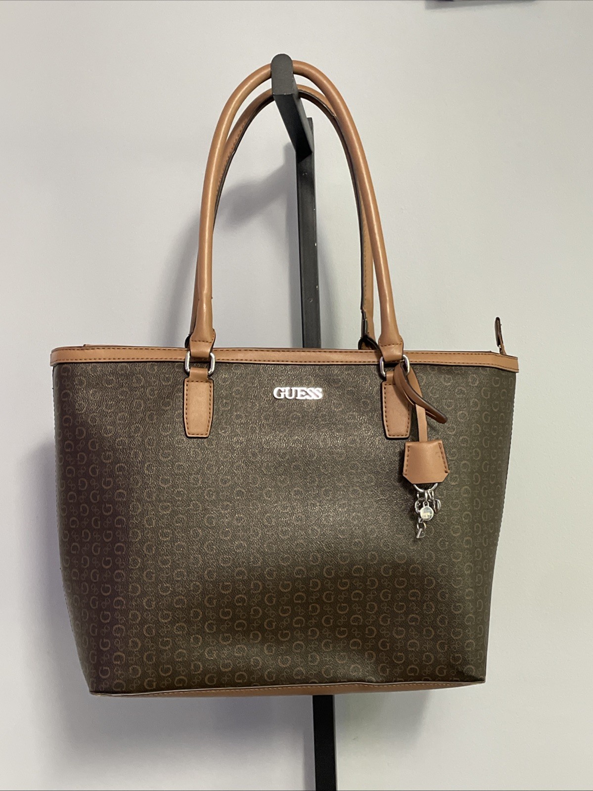 Guess Brown & Tan Monogram Double Handle Tote With Key Charms Excellent Cond