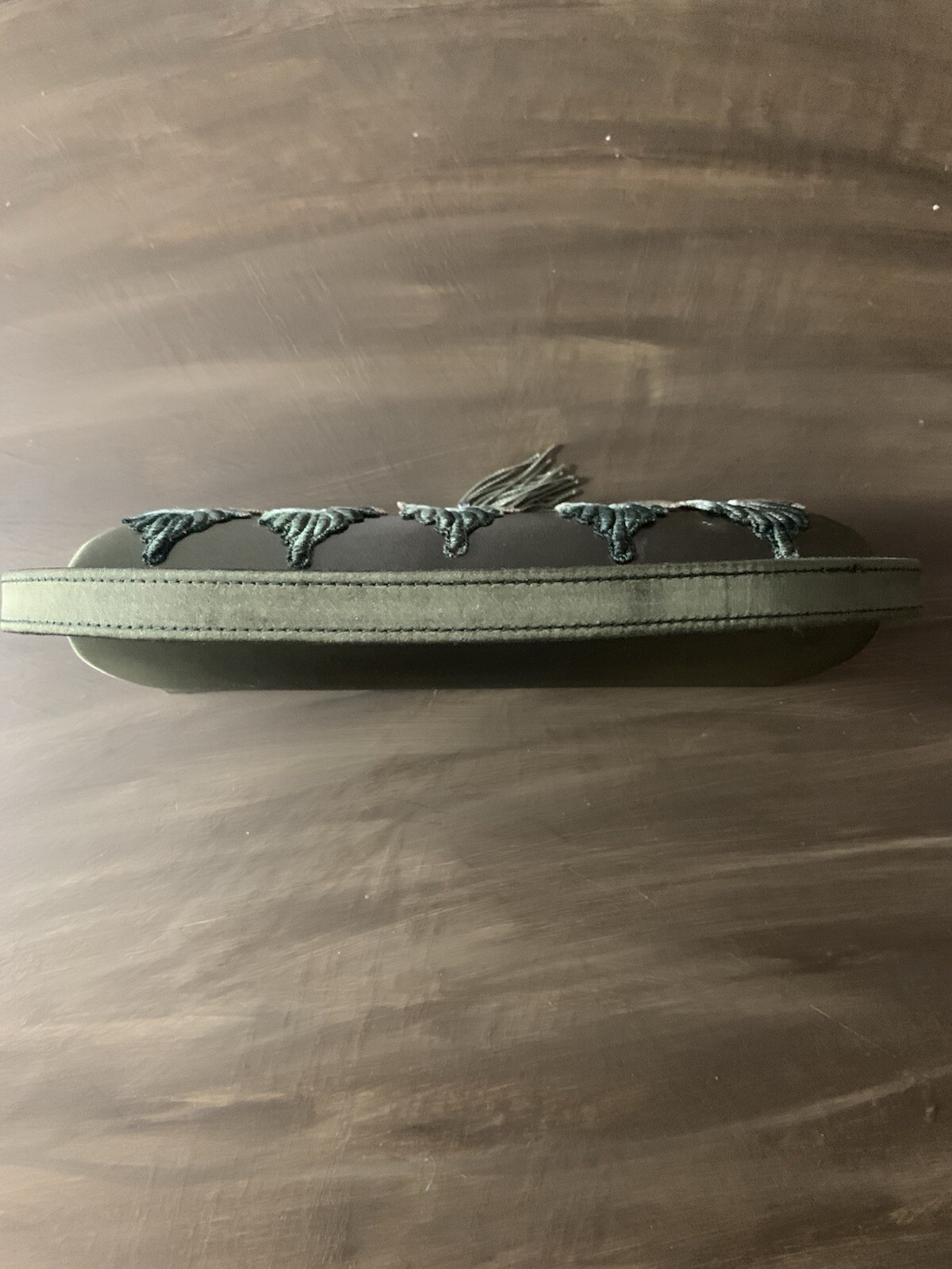 Olive Green Color Satin Evening Bag With Leaf Emblem & Black Gem With Tassel