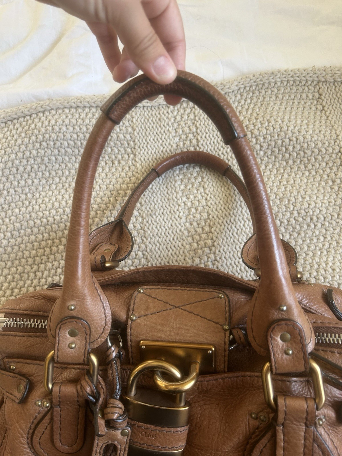 Chloé Brown Satchel Padlock & Key, Studded Bottom, Zip Closure, Gold/Silver