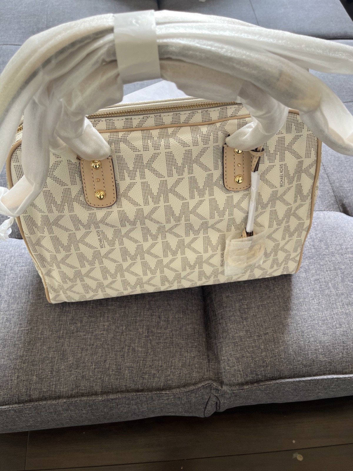 MICHAEL Michael Kors beige signature PVC and leather mini luggage satchel