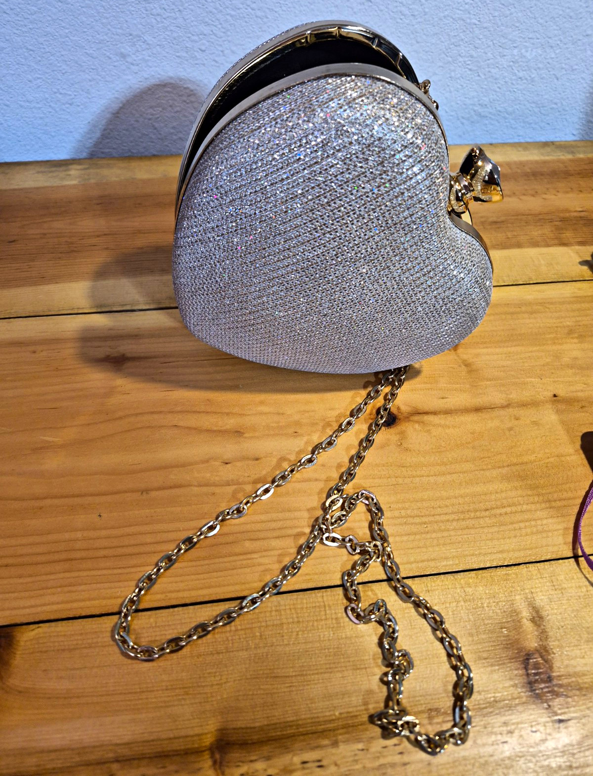 Silver Metallic Heart Rhinestone Clutch w/ Detachable Gold Chain Strap, Lined