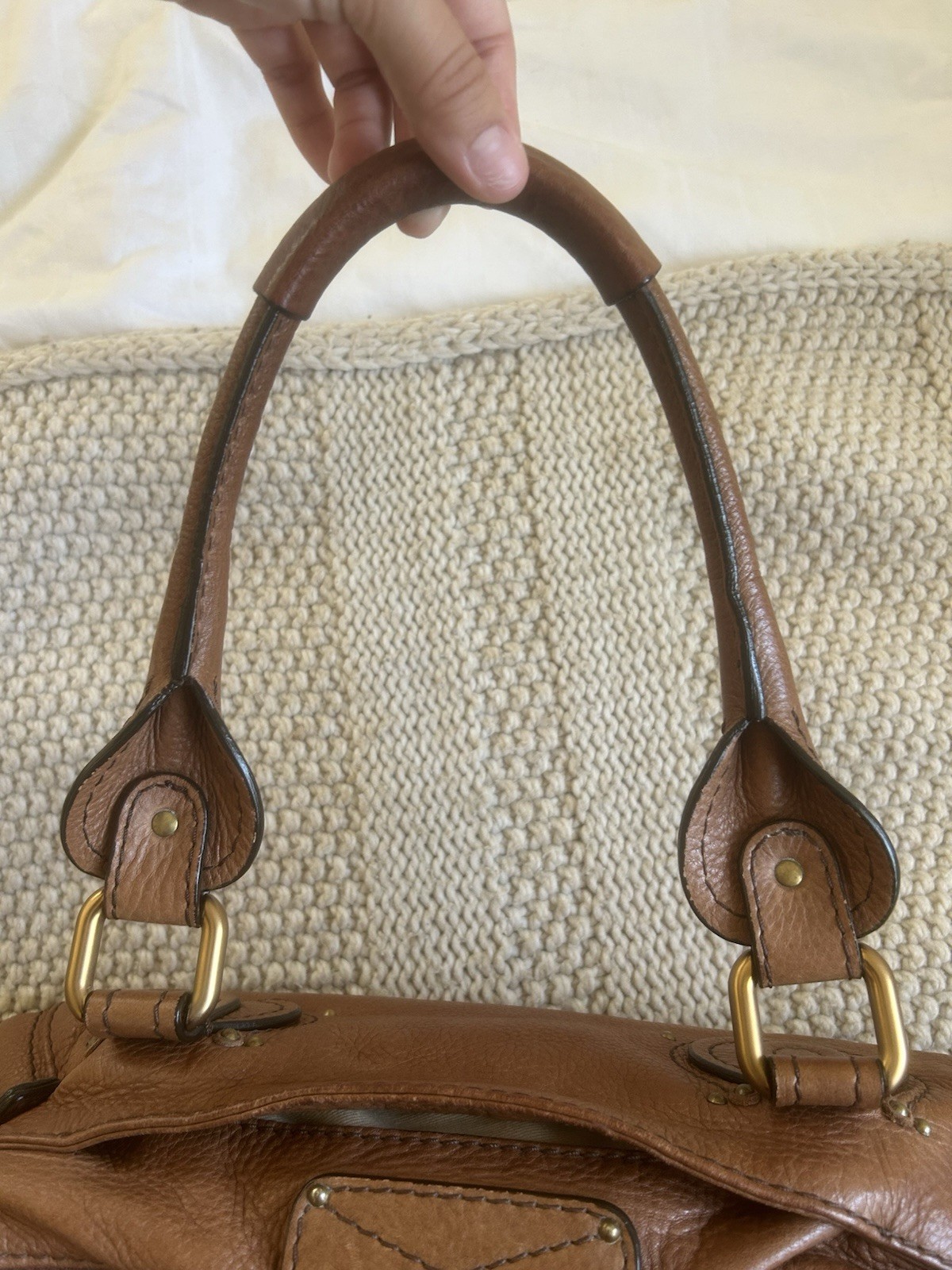 Chloé Brown Satchel Padlock & Key, Studded Bottom, Zip Closure, Gold/Silver