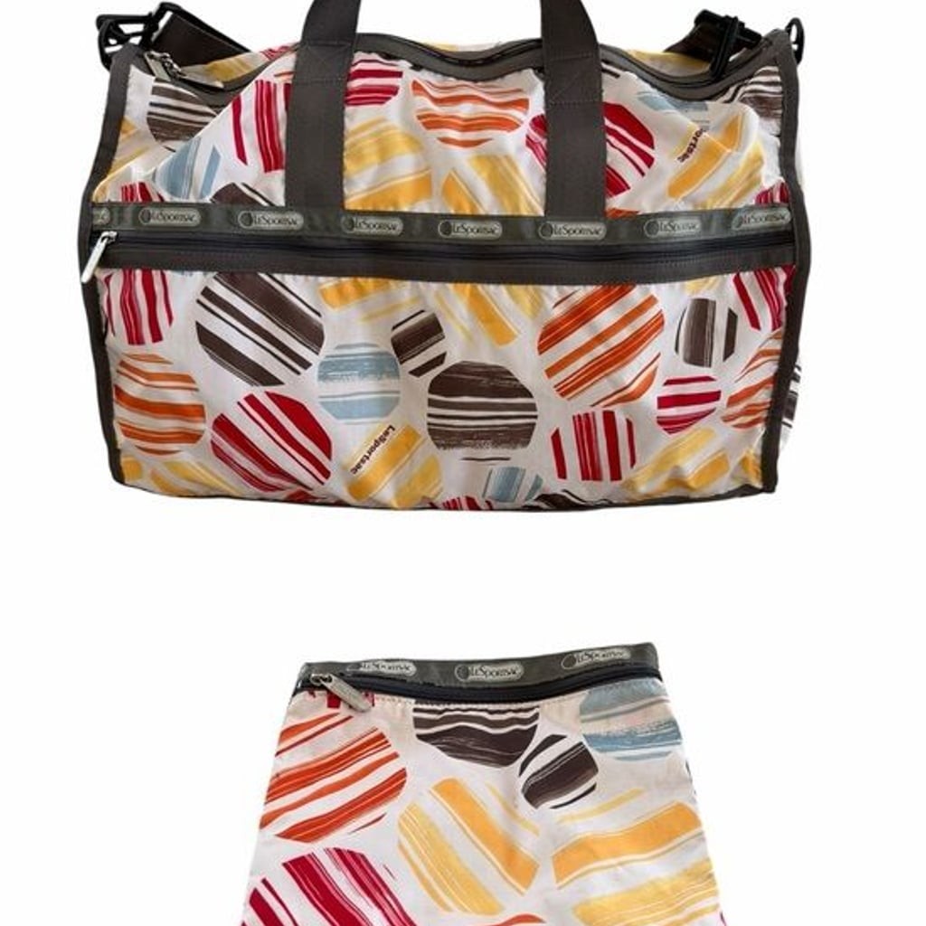 LeSportsac Vintage Weekender Duffle Bag + Pouch — Striped Print — Gray Trim