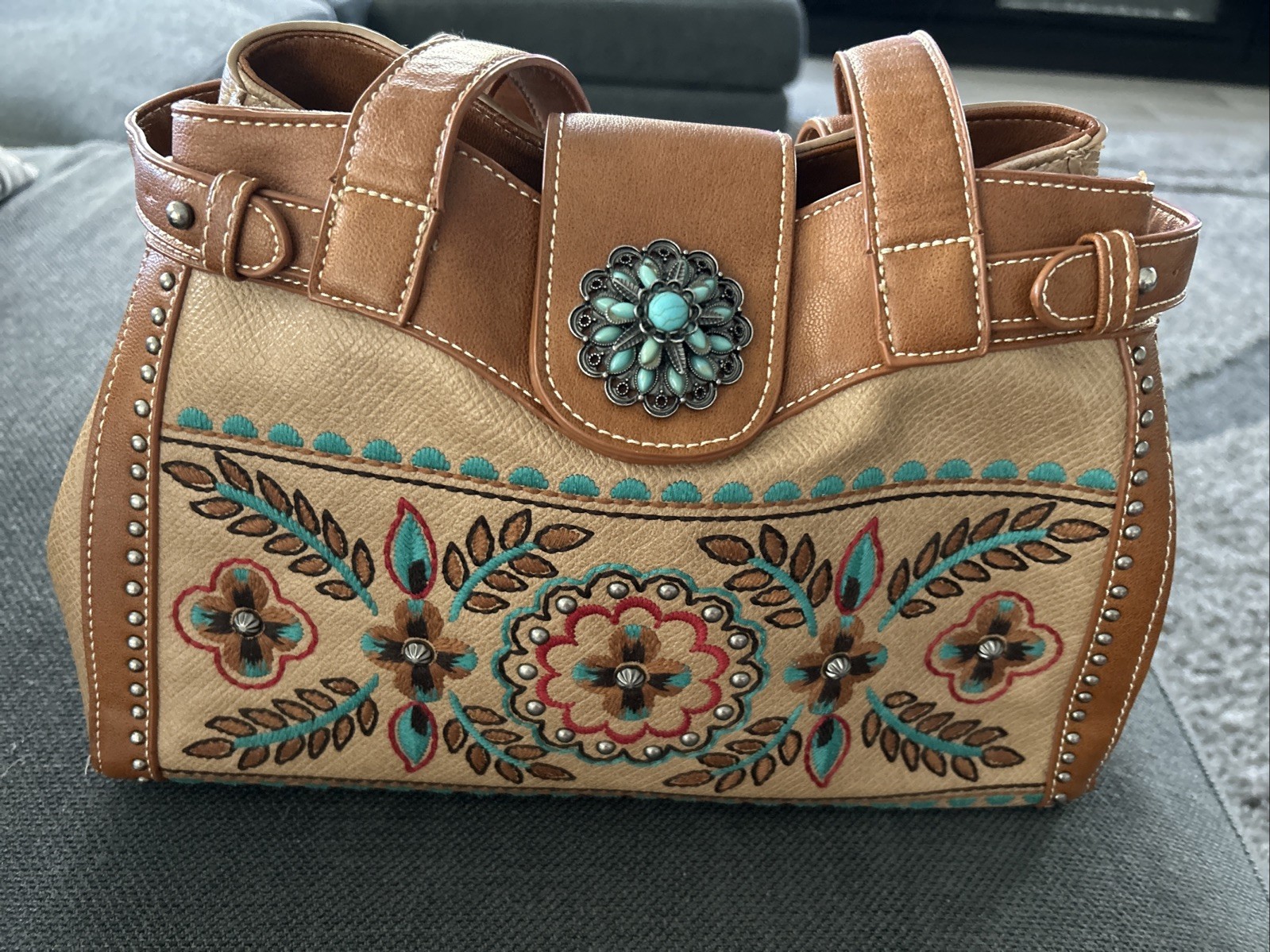Montana West Purse Vintage Embroidered Studded Satchel Bag Turquiose