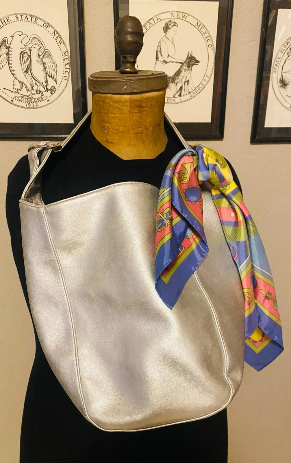 Neiman Marcus Silver Shoulder Hobo Bag – Faux Leather with Vintage Silk Scarf