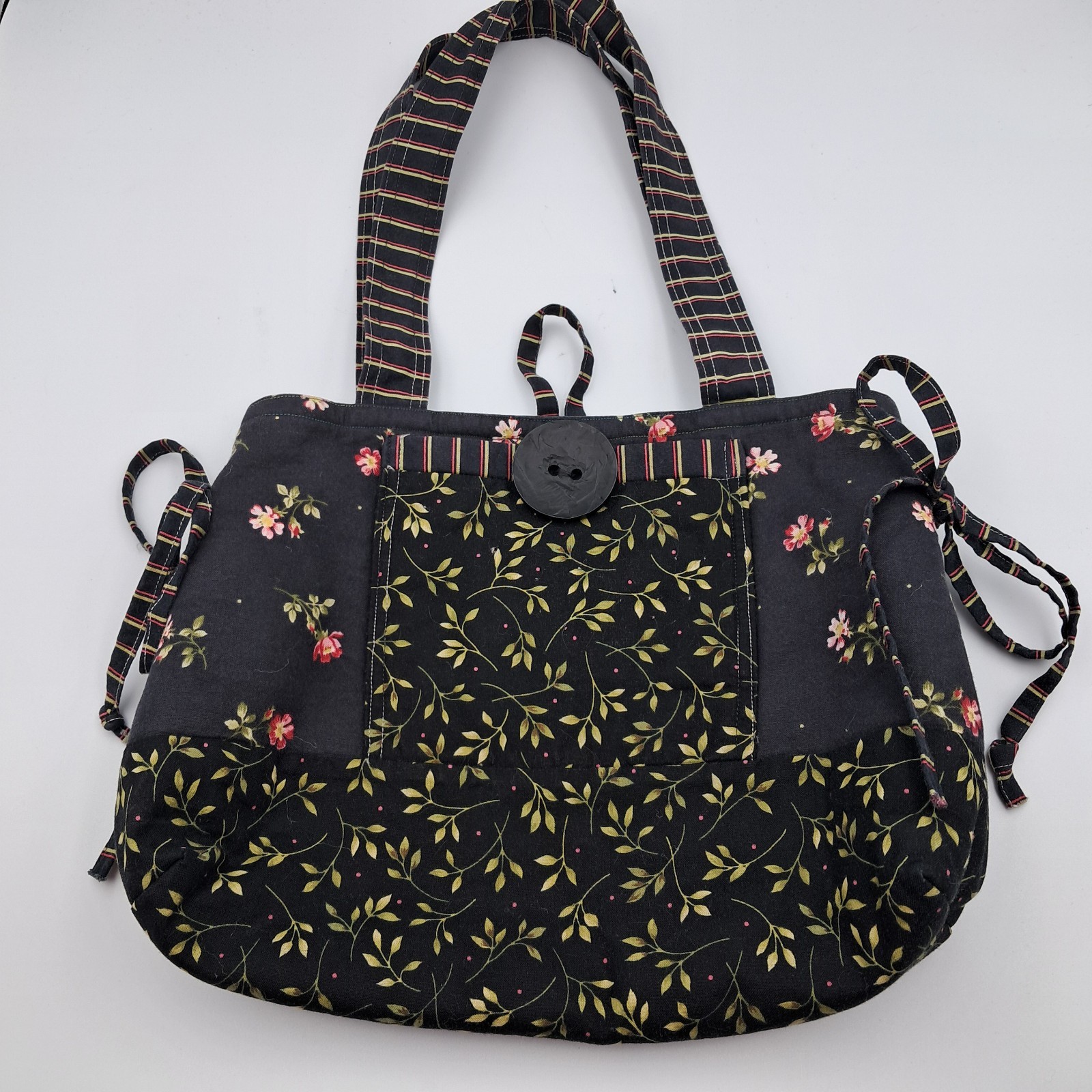 Handmade Tote Purse Bag Handbag Black Floral Cotton Boho Cottagecore