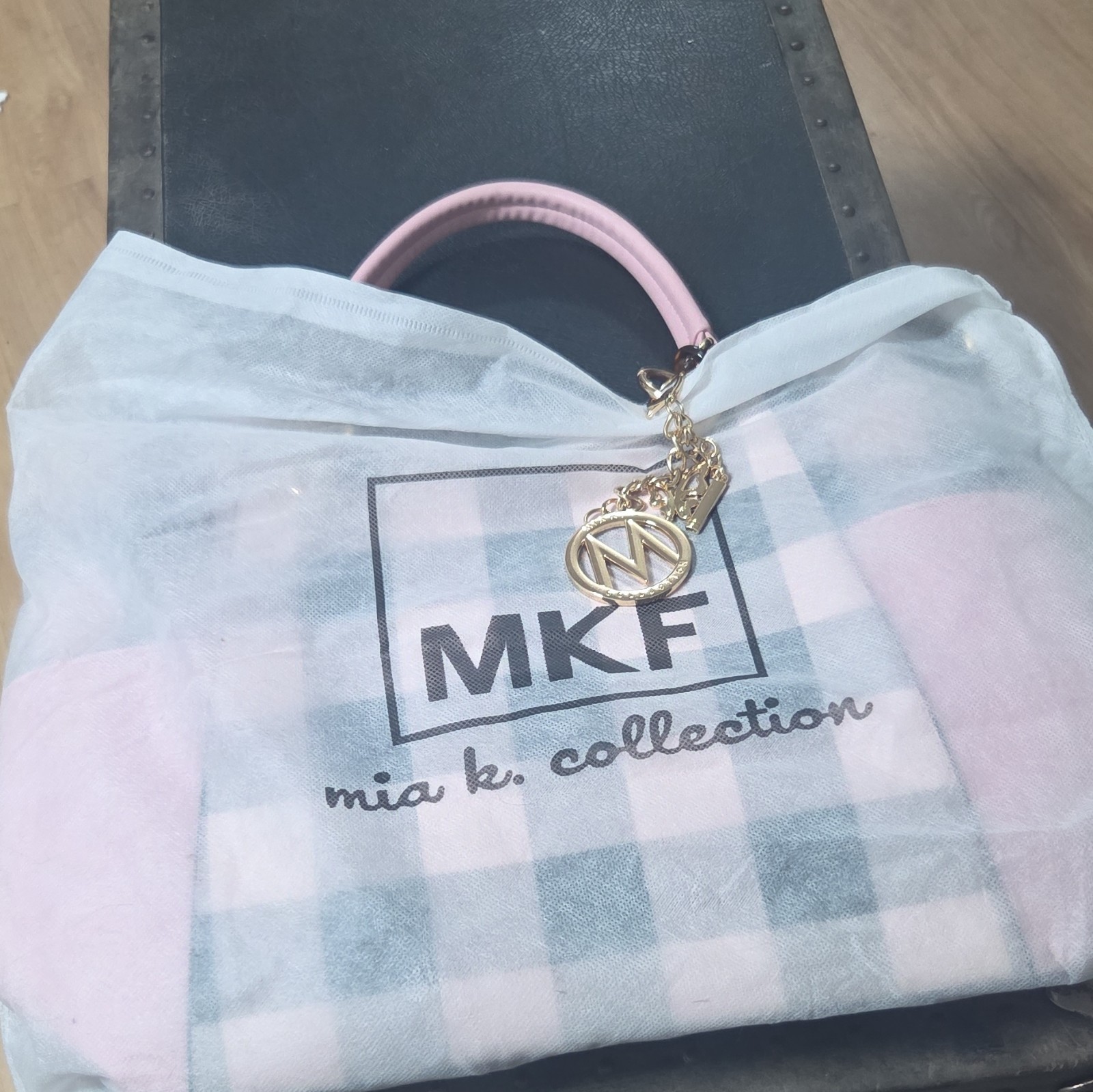 MKF Collection Pink Black White Checkered Zip Tote w/ Strap Charm Wallet Pockets