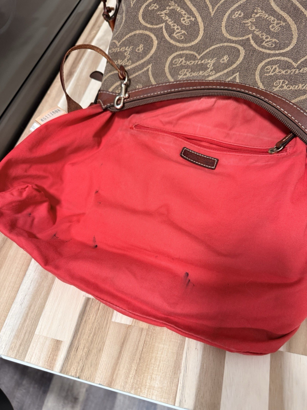 Dooney & Bourke Brown Tan Heart Print Shoulder Bag Silver Zip Red Lining Charm