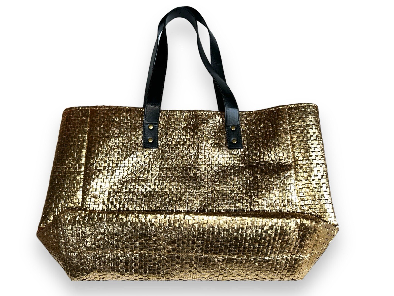Signature Club A Gold Metallic Woven Straw Tote Bag Large Shoulder Purse Coastal