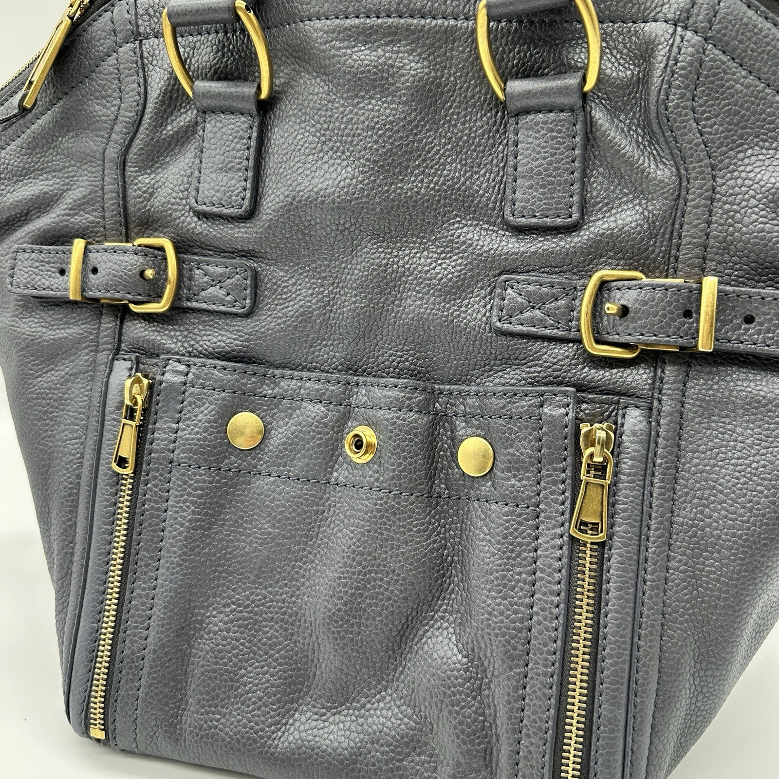 Yves Saint Laurent Rive Gauche Downtown Tote Shoulder Bag YSL Navy Leather Auth!