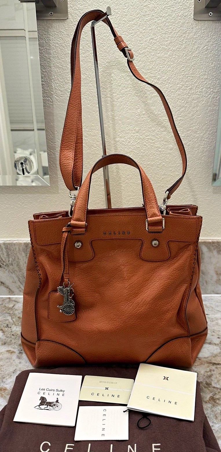 CELINE Orlov Brown Satchel Top Handle Bag w/ Strap, Charm, Dust Bag, Cards