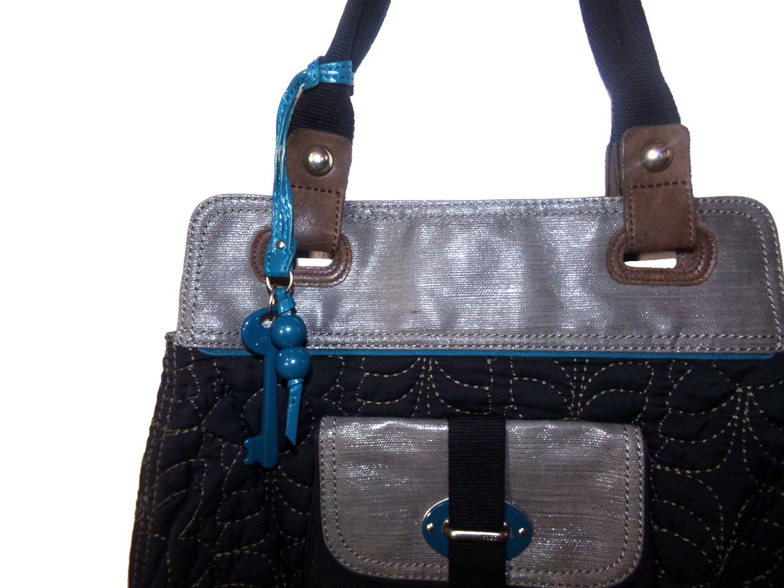 FOSSIL KEY PER MEDIUM TO LARGE TOTE SHOULDER NYLON BLACK GRAY & BLUE BAG