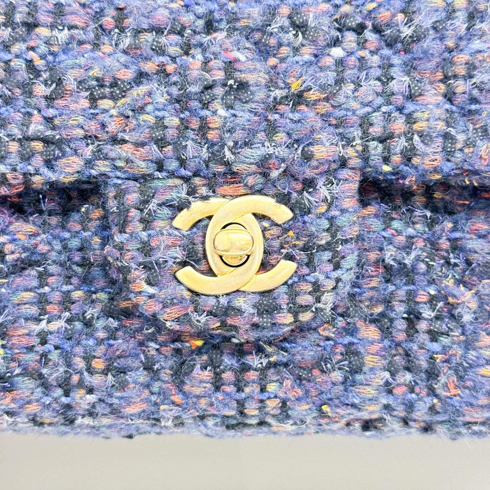 CHANEL Classic Flap 2018-2019 Matelasse Navy Blue Tweed Shoulder Bag