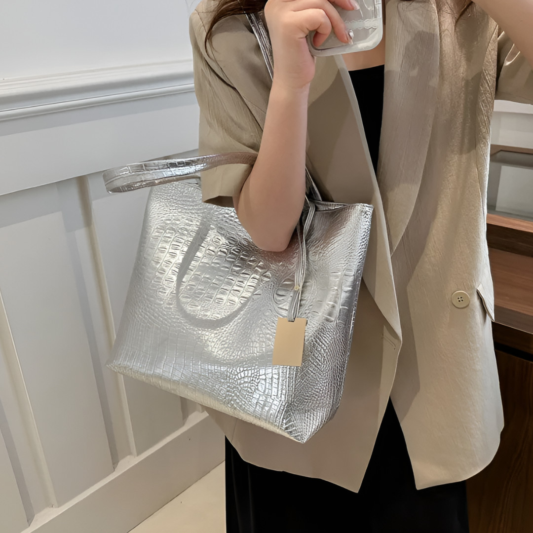 Silver Metallic Tote Bag Croc Embossed Large Shoulder Handbag Purse for Women