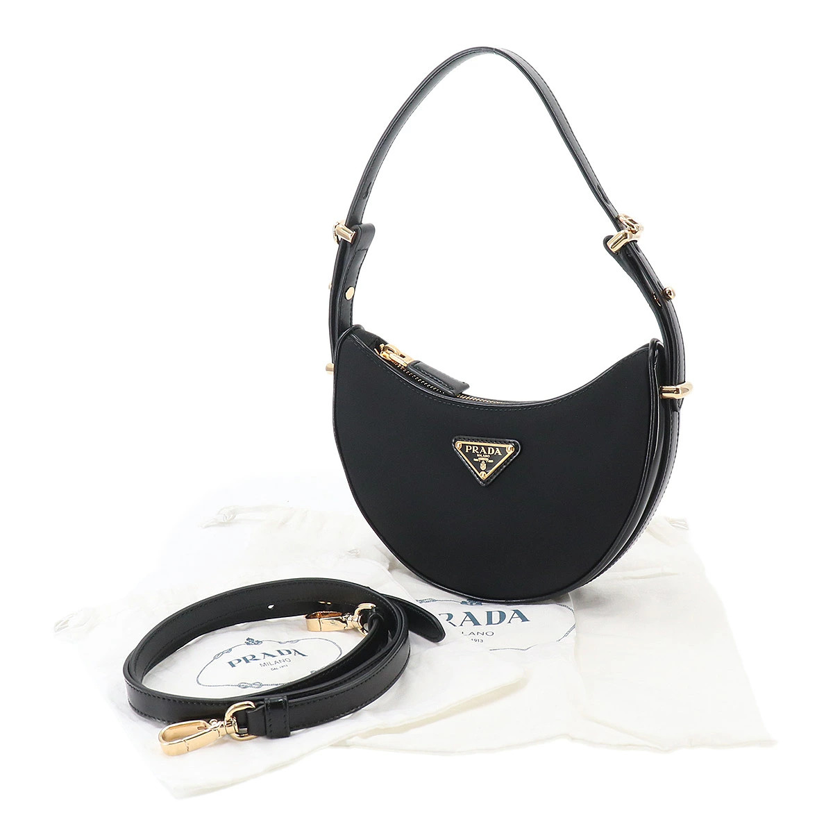Exhibit Prada Arque Small 2Way Hand Shoulder Bag Nylon Leather Black 1Bc194 Gold