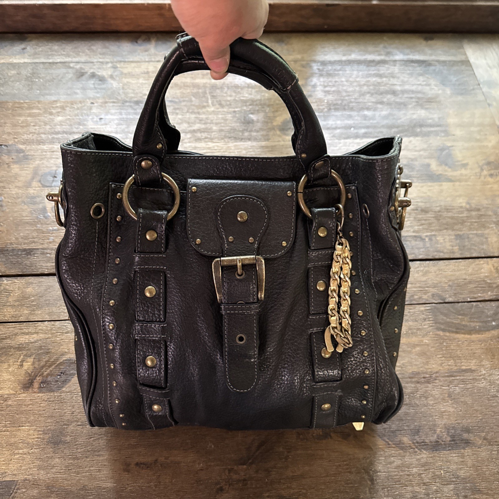 Vintage Y2K Betsey Johnson Leather Bag Brass Hardware. Gothic Boho 12 x11x 3.5in