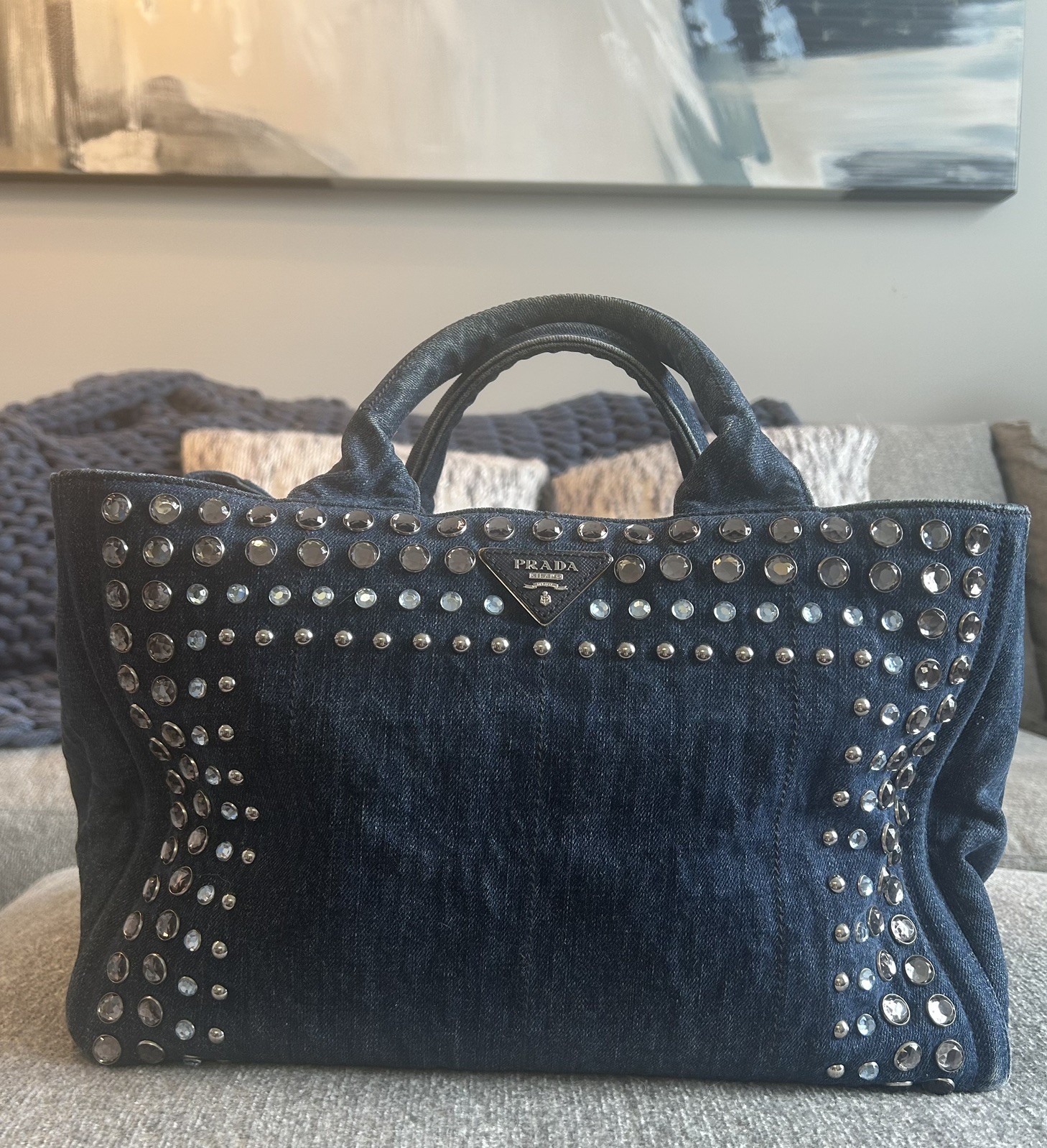 PRADA Canapa Tote Bag Bijoux Rhinestones Studs Denim Blue Authentic