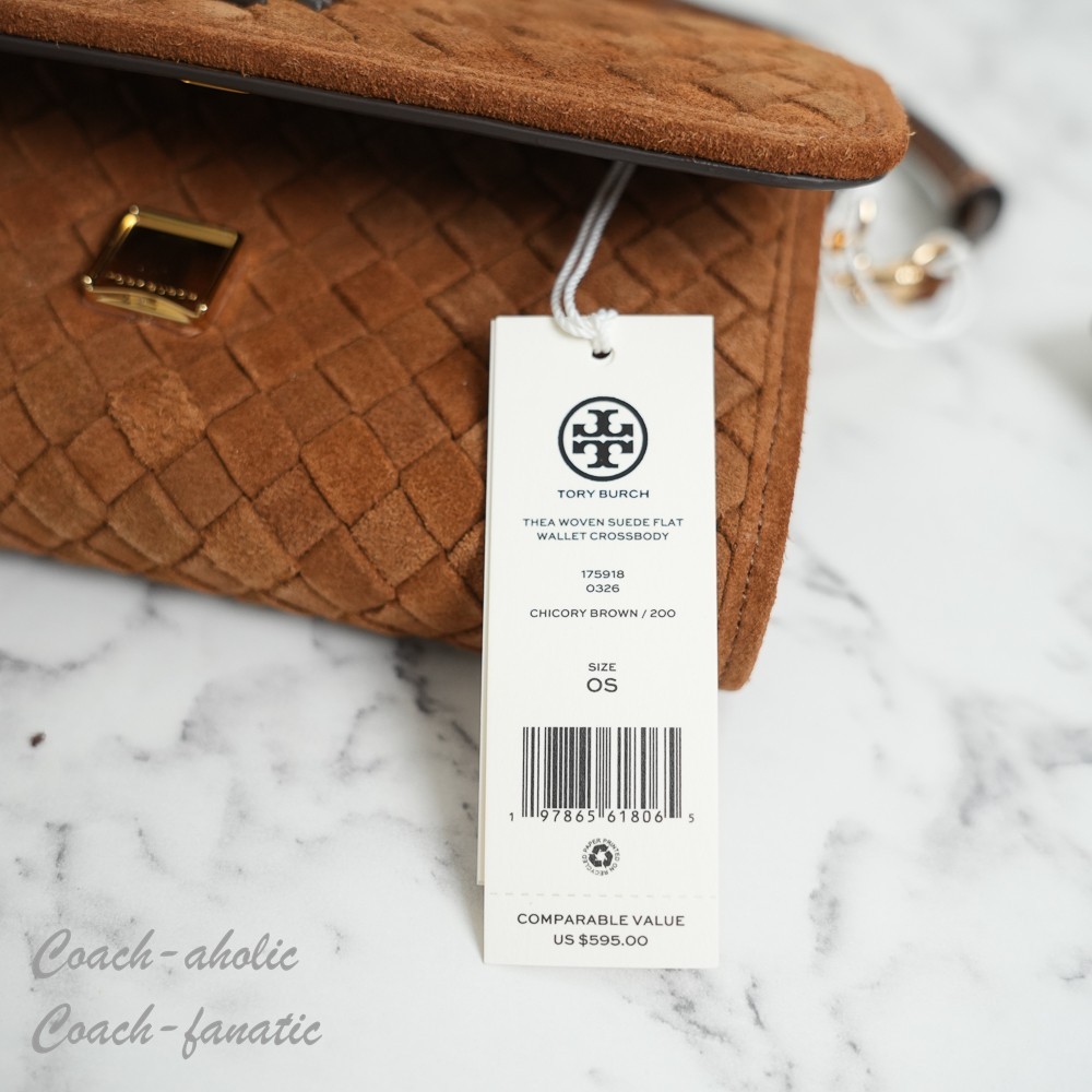 Tory Burch Thea Woven Suede Flat Wallet Crossbody in Chicory Brown NWT