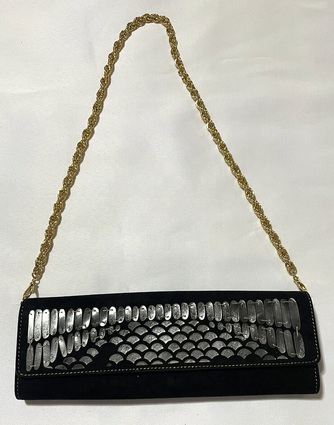 ROBERTO CAVALLI Black Suede Gold Chain Evening Bag Clutch Purse missing scales