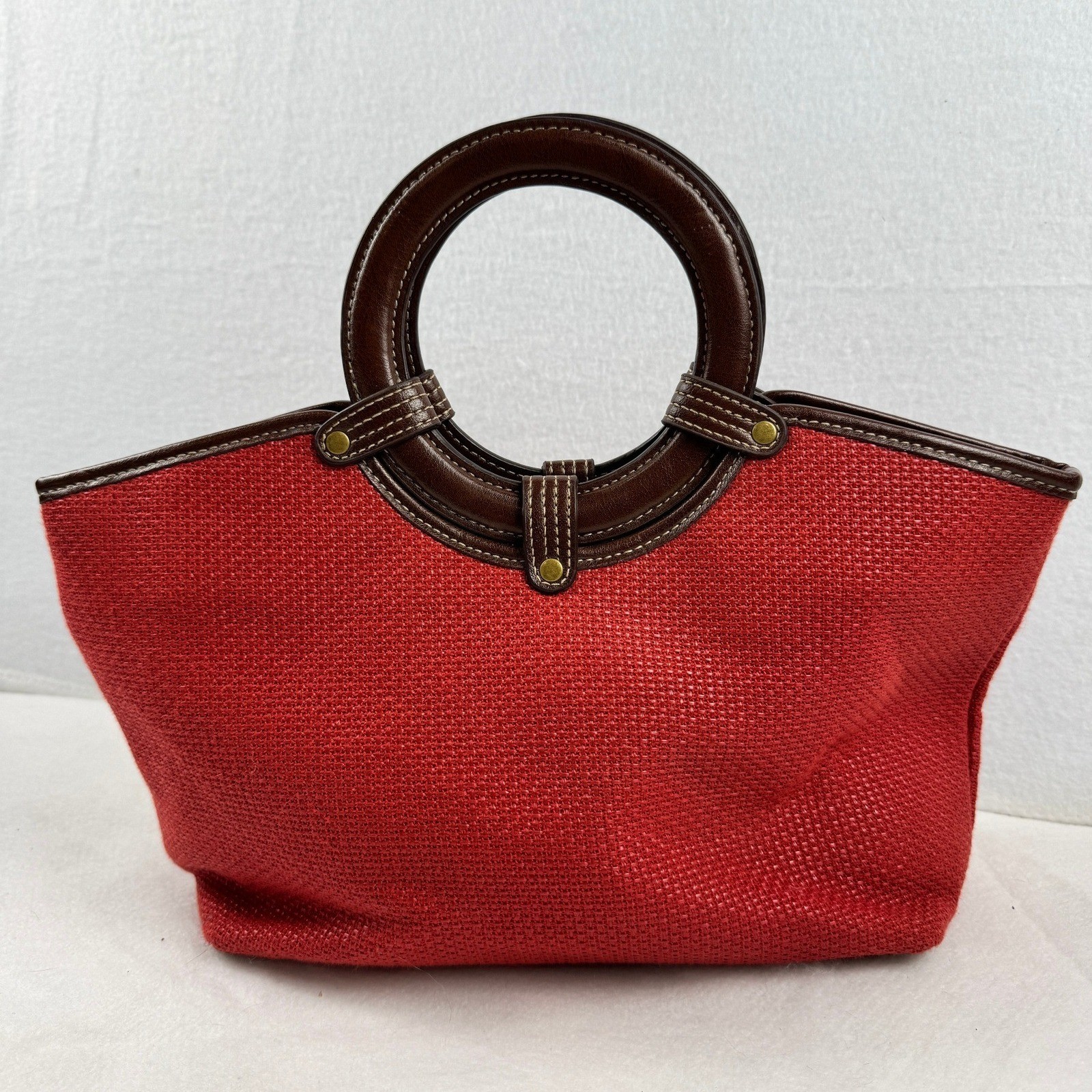 Croft & Barrow Woven Red Handbag Brown Round Top Handles and Faux Leather Trim