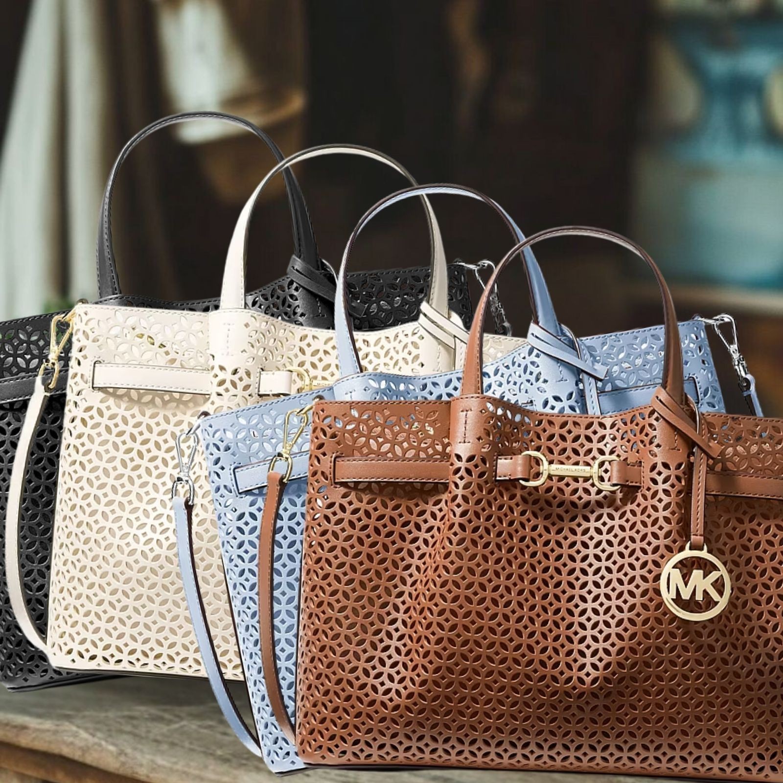 Michael Kors Carson Women Medium PU Blend Floral Laser Cut Satchel Bag Handbag