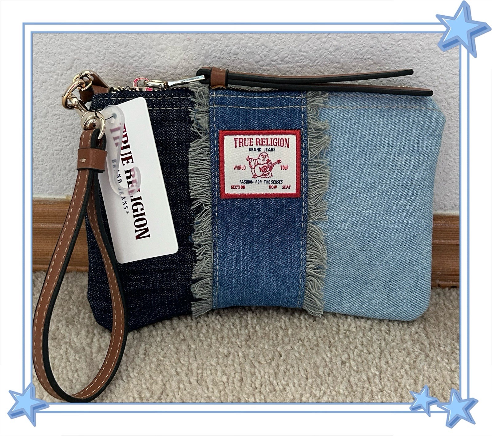 True Religion Frayed Panel Denim Wristlet Pouch Denim Blue OS Y2K Streetwear