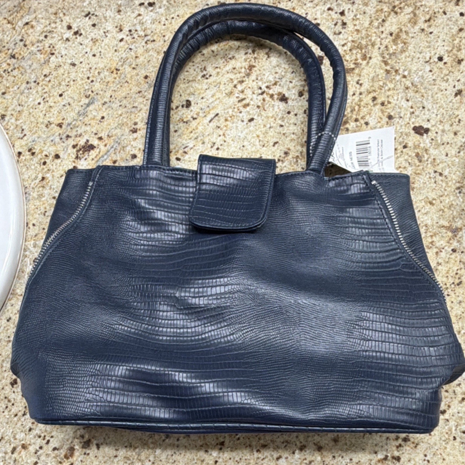 Laila Navy Blue Top Handle Bag Animal Print Zipper Accents Silver Hardware