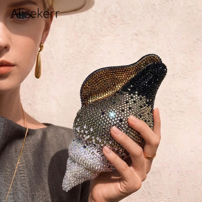 Conch Shaped Crystal Evening Bags Women Gorgeous Bling Rhinestone Metallic Purse