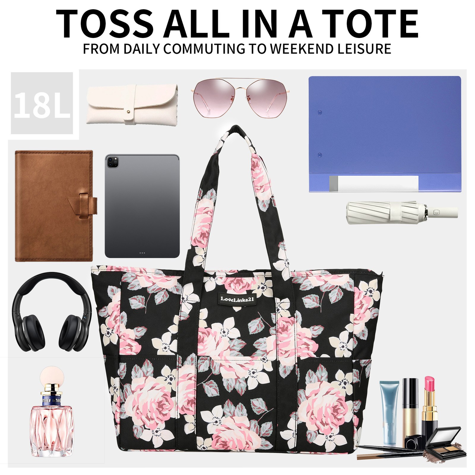 Lady’s travel beach bag, handbag, flower and leaf pattern