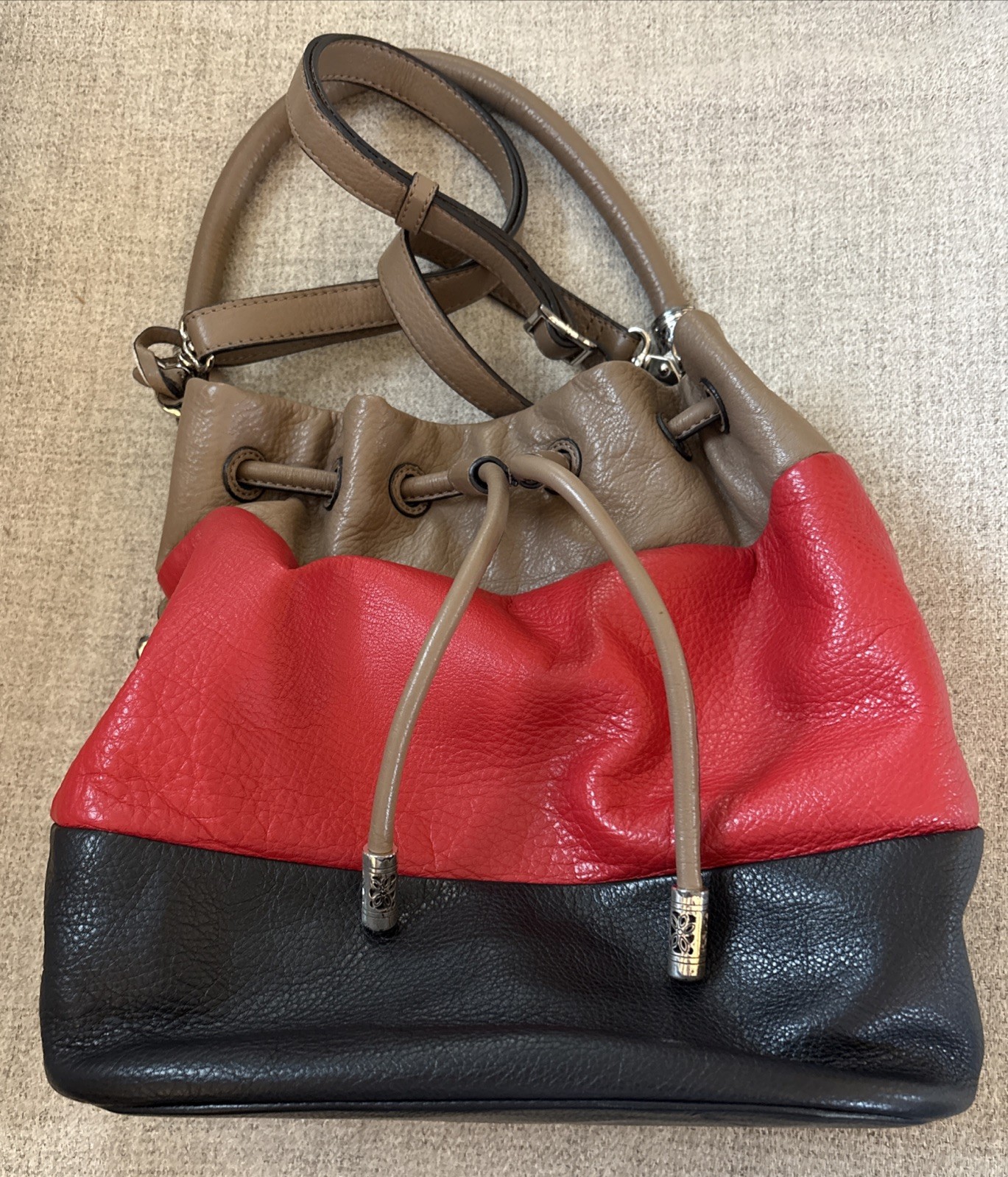 Brighton Brody Hobo Bucket Shoulder Bag Leather Drawstring Red Black Brown